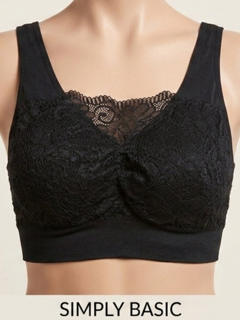Black Lace Overlay Seamless Lace Front Bra Medium Simply Basic Comfy Minimalist